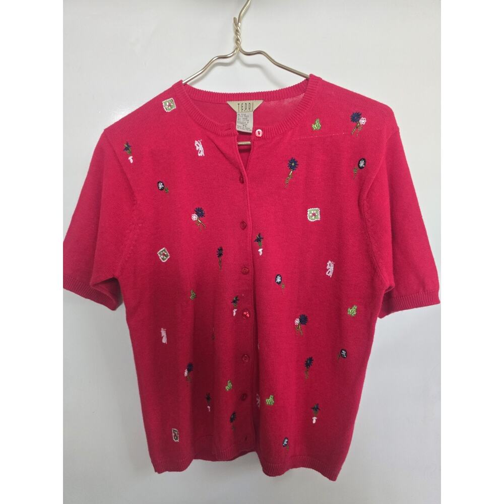 Vtg Teddi Embroidered Cardigan Button Up Cottage Whimsical Granny Medium